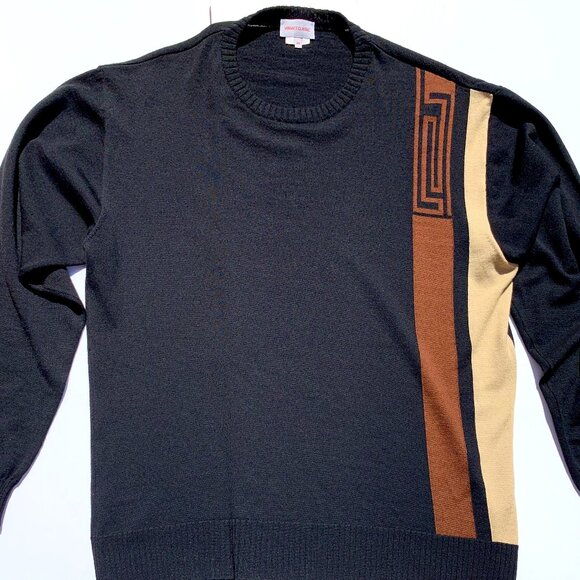 VTG Versace Classic Men’s Crewneck Sweater Wool Blk w/Brown Greek Key Logo Sz XB - Picture 1 of 6